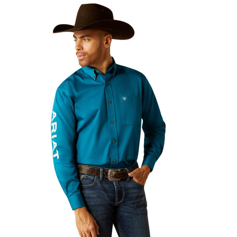 ARIAT Men's Team Logo Twill Classic Fit Shirt, Dark Teal/White, Large