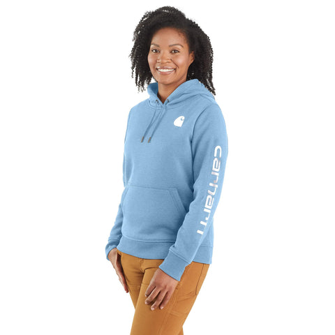 Carhartt Women's Relaxed Fit Midweight Logo Sleeve Graphic Sweatshirt, Summer Sky Blue Heather